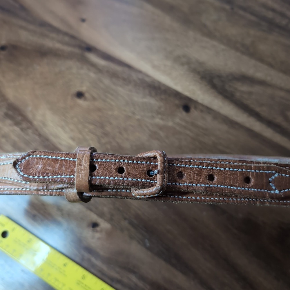 Vintage Brown Leather Western Belt Embossed John Contrast Stitching Size 34